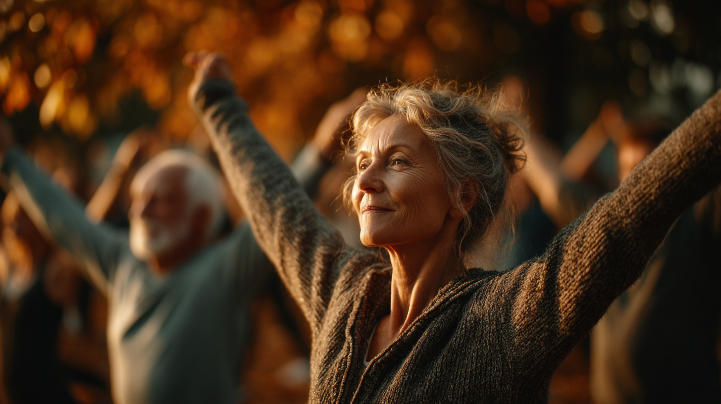 Група літніх людей займається йогою в парку